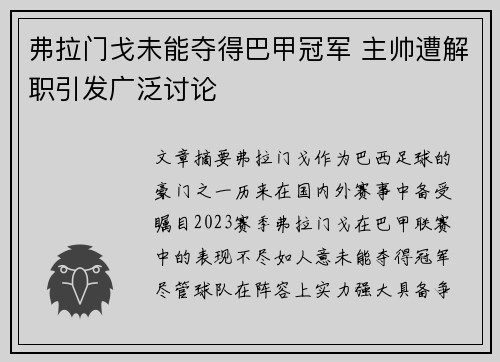 弗拉门戈未能夺得巴甲冠军 主帅遭解职引发广泛讨论 弗拉门戈未能夺得巴甲冠军 主帅遭解职引发广泛讨论